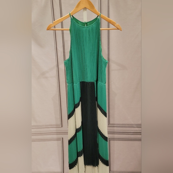 TED BAKER Nellina Pleated Midi Dip Asymmetrical Hem Green Color Block Dress $395 - Picture 6 of 17